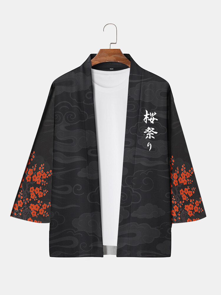 

Mens Plum Bossom Cloud Character Print Open Front Loose Kimono, Black