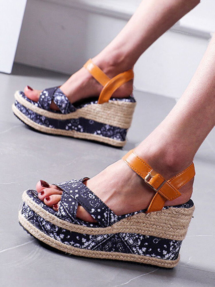 Large Size Women Casual Summer Vacation Floral Print Espadrilles Wedges Sandals