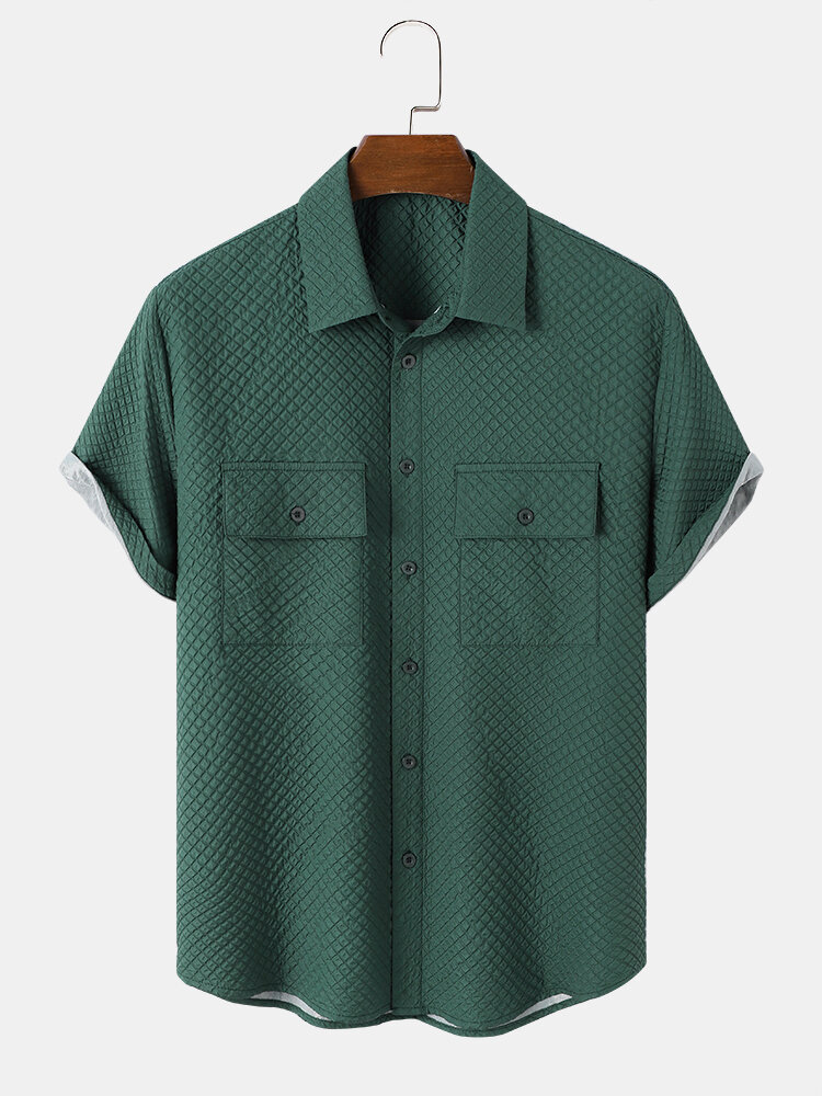 Mens Textured Double Flap Pocket Lapel Daily Short Sleeve Shirts