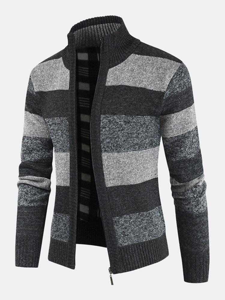 Mens Striped Stand Collar Zipper Warm Casual Knitted Sweater Cardigan от Newchic WW