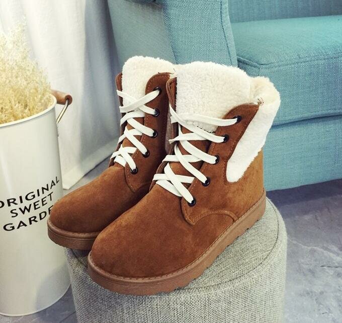 Furry Lace Up Round Toe Warm Lined Ankle Boots