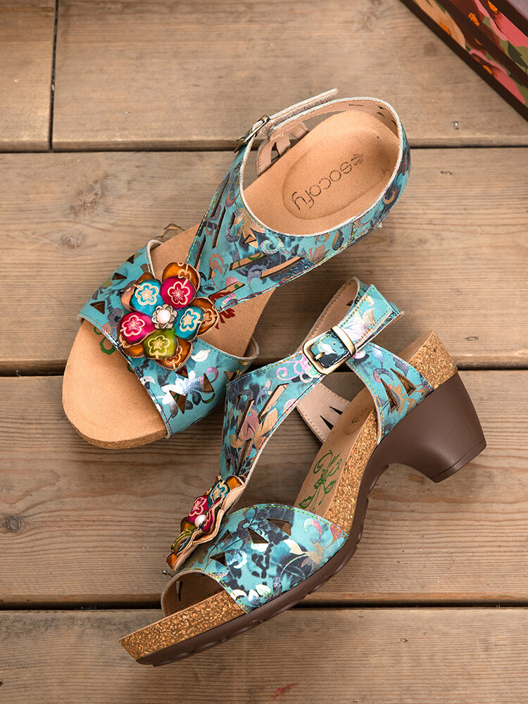 Sокофий Натуральная Кожа Повседневная богемная обувь с блестками и Т-образным ремешком на каблуке Сандалии