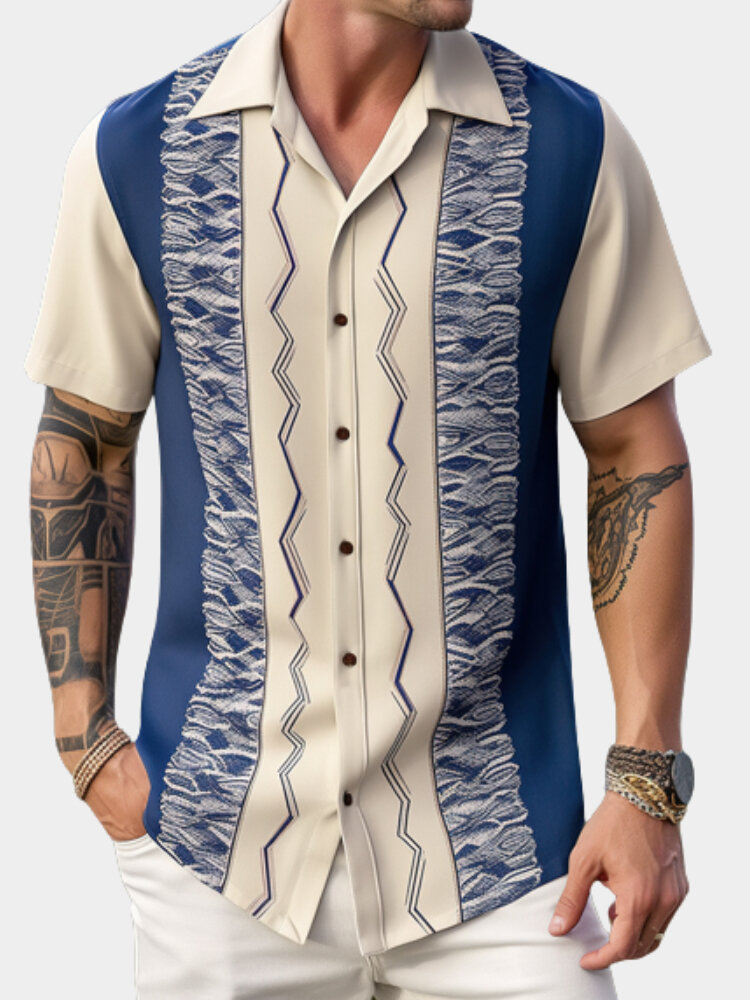 Camisas masculinas de manga curta com estampa geométrica colorida patchwork lapela