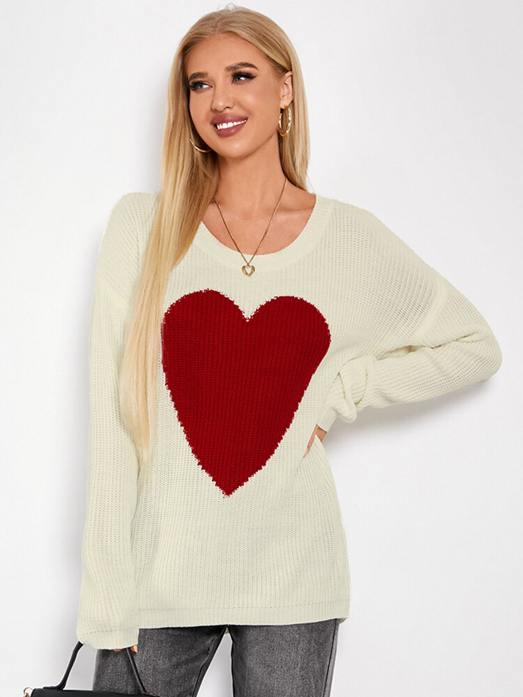 Heart Pattern Drop Shoulder Loose Long Sleeve Sweater