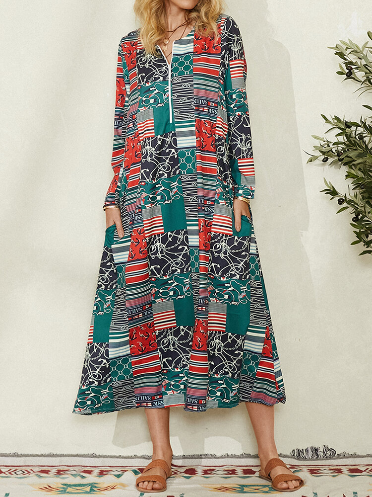 Women Geometric Multi-color Stripe Pocket Long Sleeve Print Dress