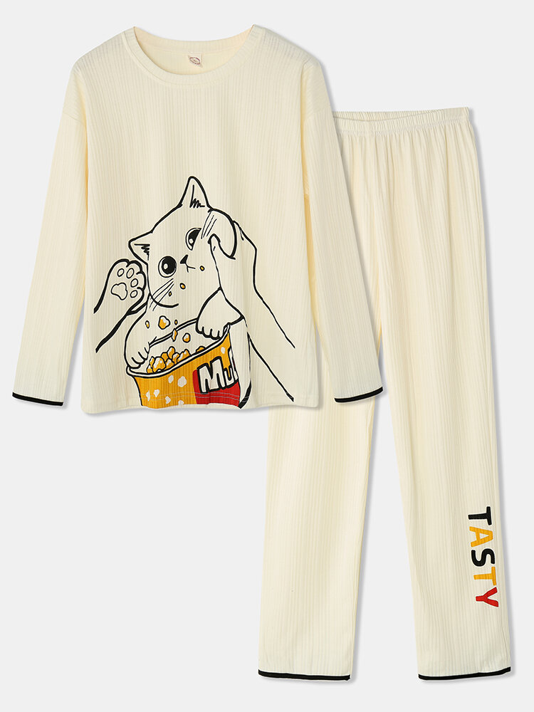 Plus Size Women Cartoon Animal Letter Print Cotton Cozy Pajamas Sets