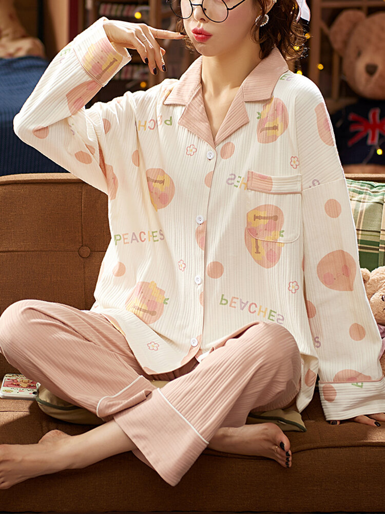 

Plus Size Women Rib Letter Print Revere Collar Cotton Loungewear Set With Contrast Binding, Pink;white
