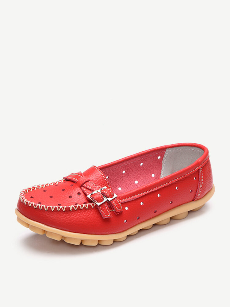 Leather Breathable Hollow Out Soft Sole Women Flat Casual Shoes