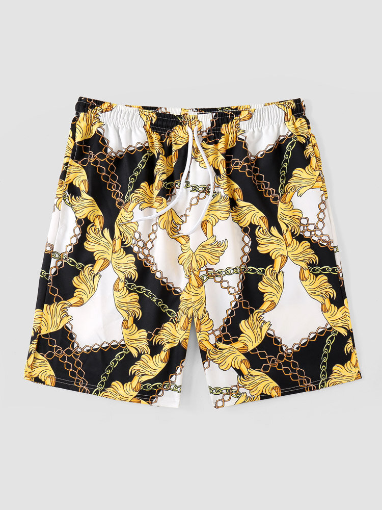 Men Baroque Pattern Wide Legged Swimwear Quick Dry Board Shorts