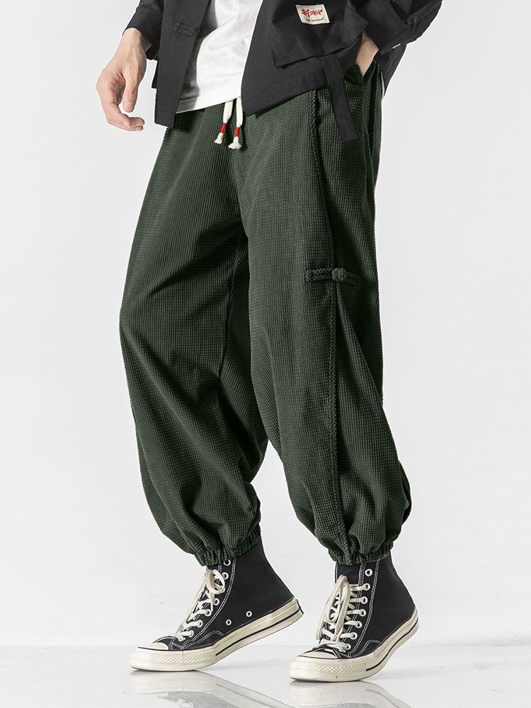 Mens Chinese Frog Button Solid Corduroy Drawstring Waist Pants Winter