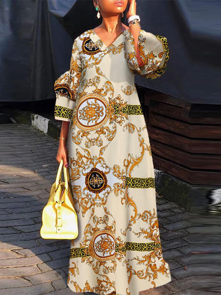 فستان ماكسي فضفاض برقبة على شكل V للنساء من ترايبال