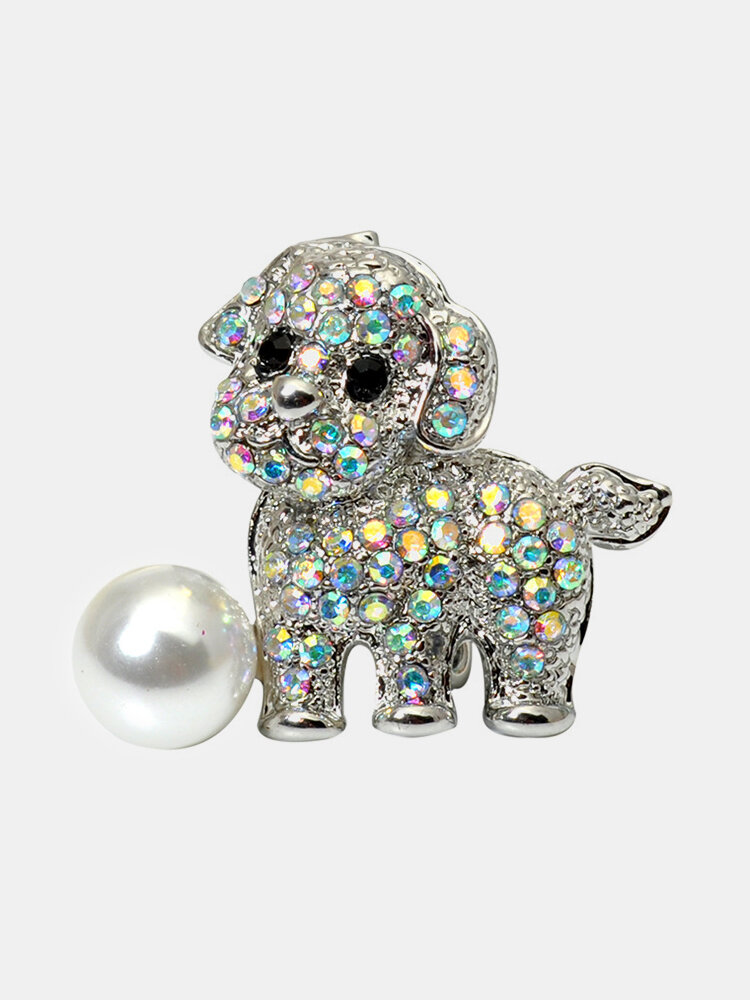 Trendy Cute Brooches Puppy Pet Dog Brooches Silver Pearl Rhinestone Dress Accessories for Women