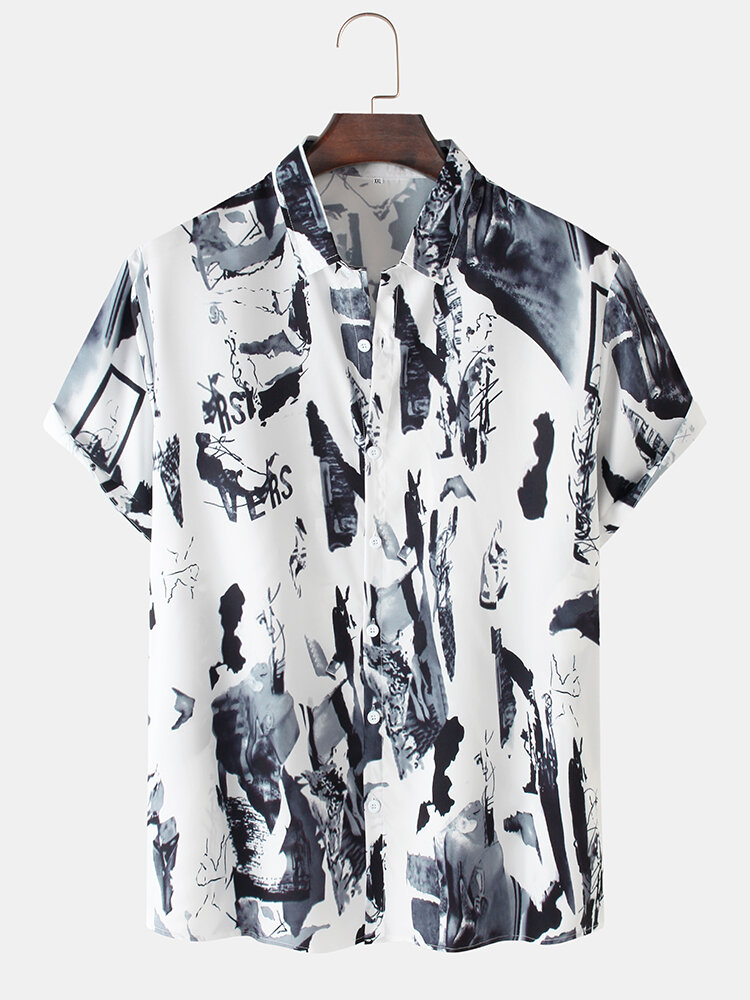 

Mens Scenery Ink Painting Print Cotton Casual Short Sleeve Shirts, White