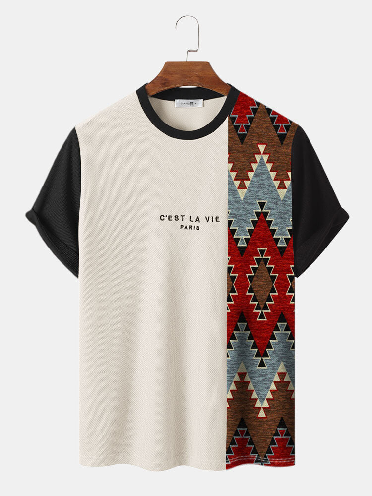 Herren Vintage Patchwork-Strick-Kurzarm-T-Shirts mit geometrischem Buchstabenmuster