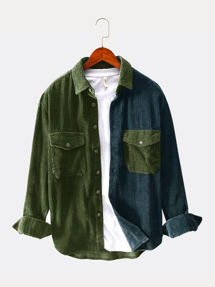Mens Patchwork & Double Pocket Casual Loose Long Sleeve Shirts