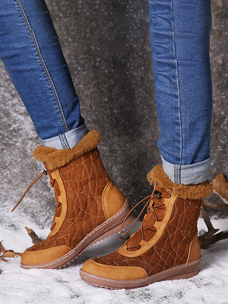 Women Adjustable Slip On Suede Casual Winter Short-Calf Snow Boots