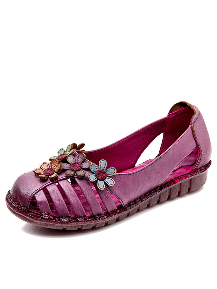 Plus Size Women Breathable Soft Comfy Genuine Leather Floral Embellished Hand Stitching Flat Shoes