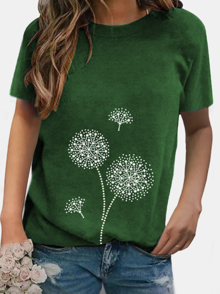 O-neck Flower Print Short Sleeve Casual T-shirt For Women