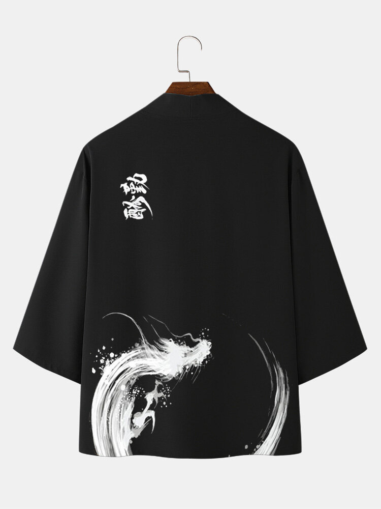 

Mens Chinese Dragon Print Open Front Loose 3/4 Sleeve Kimono, Black