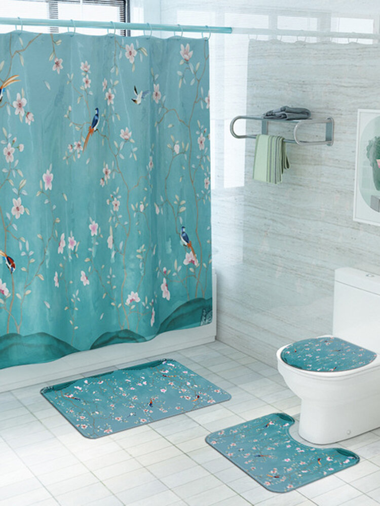 Romantic Flower And Bird Shower Curtain Carpet Floor Mat Combination Bathroom Toilet Mat Bathroom Curtain Set