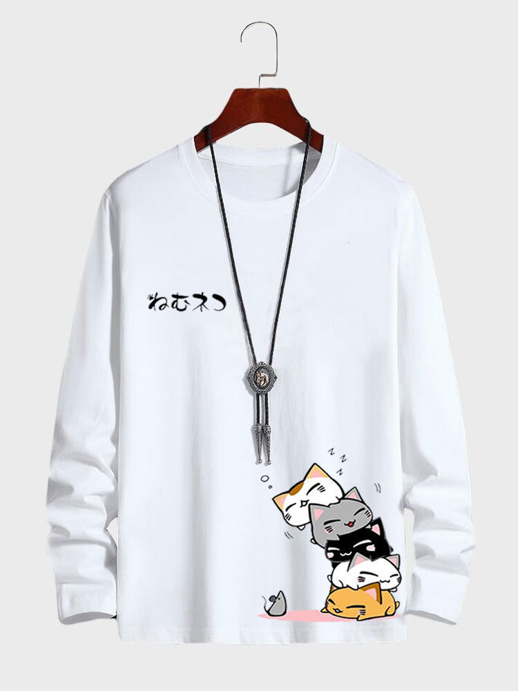 Mens Cartoon Cat Side Print Crew Neck Long Sleeve T-Shirts Winter