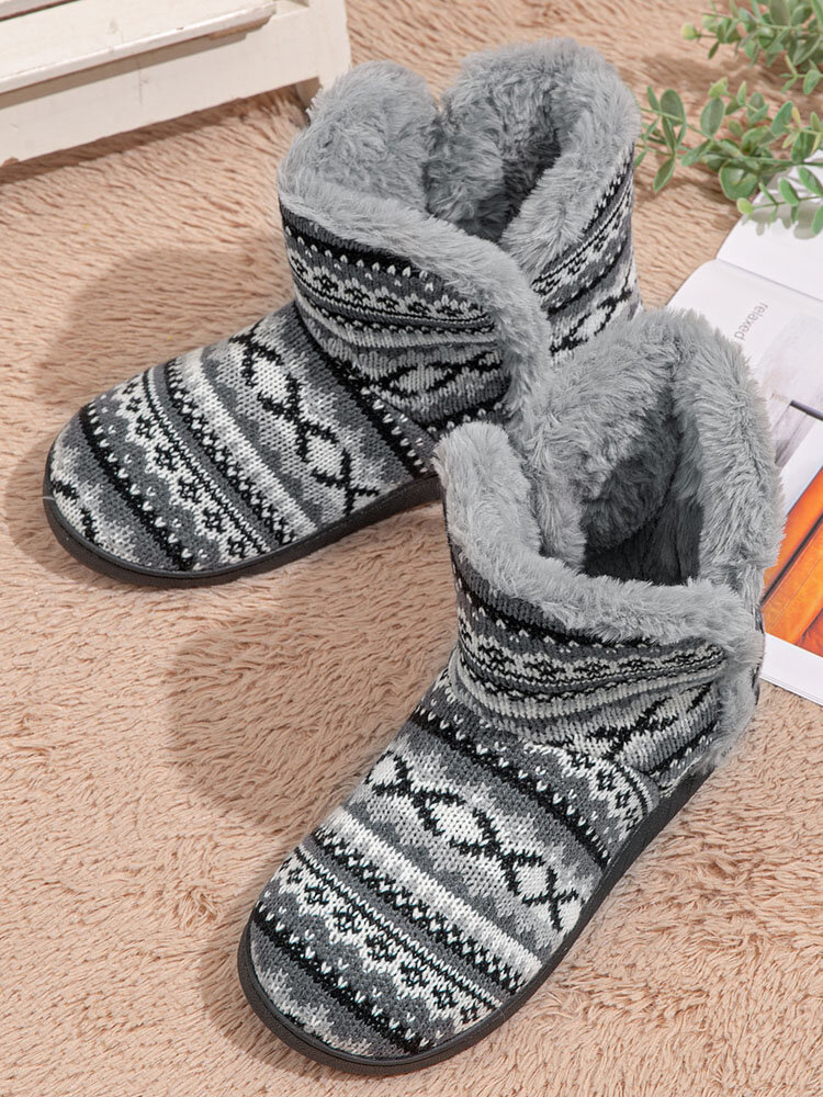 Large Size Winter Women Comfy Indoor Warm Cotton Grey Printed Knitted Home Boots