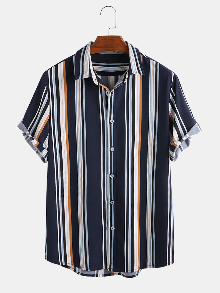 Mens Cool Multi Color Striped Button Up Short Sleeve Shirts
