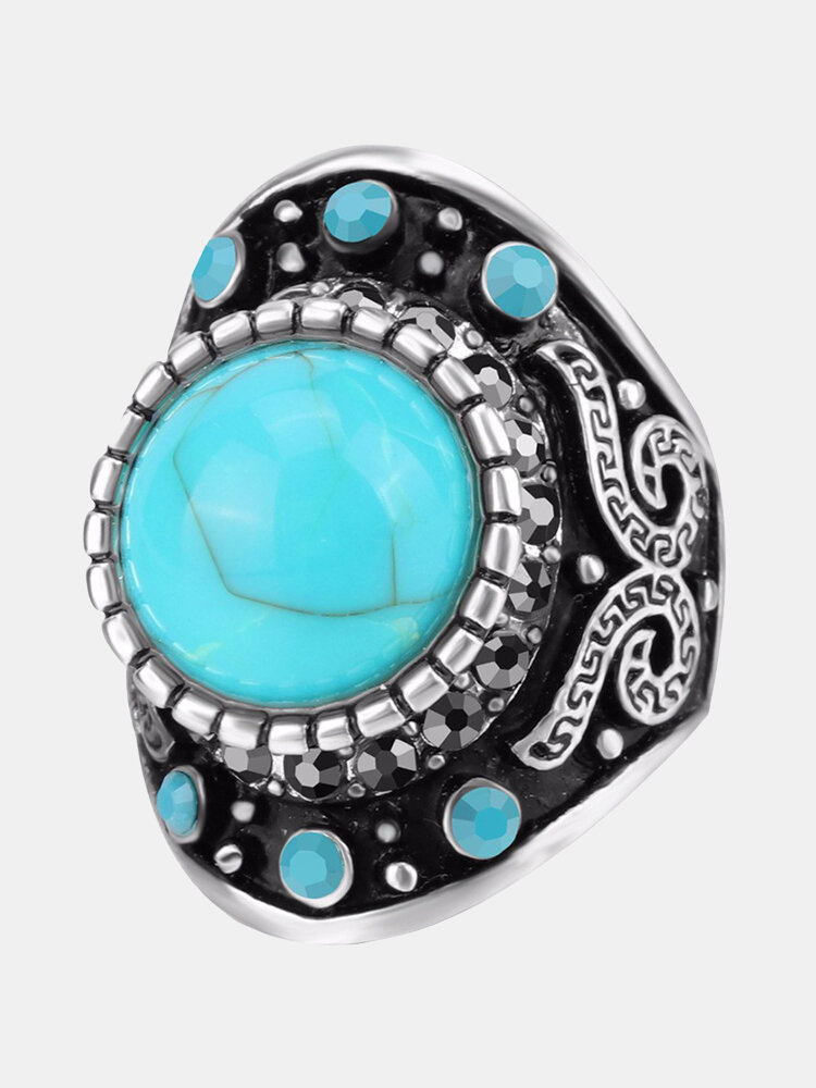 Vintage Finger Ring Blue Turquoise Crystal Geometric Antique Silver Rings Ethnic Jewelry for Men