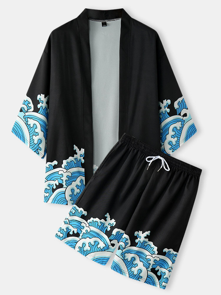 Mens Japanese Style Wave Print Open Front Kimono Two Pieces Outfits