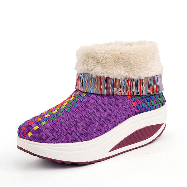 Knitting Color Match Fur Lining Folded Platform Rocker Sole Ankle Boots