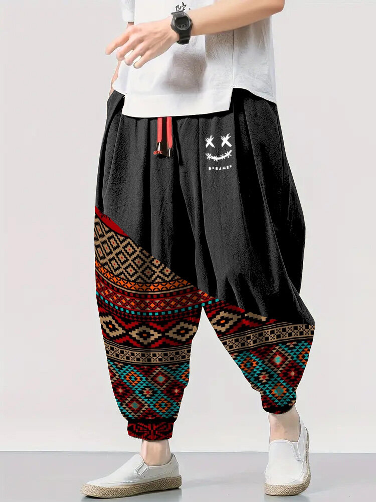 Pantalon ample à taille avec cordon de serrage pour hommes, imprimé ethnique géométrique souriant, patchwork