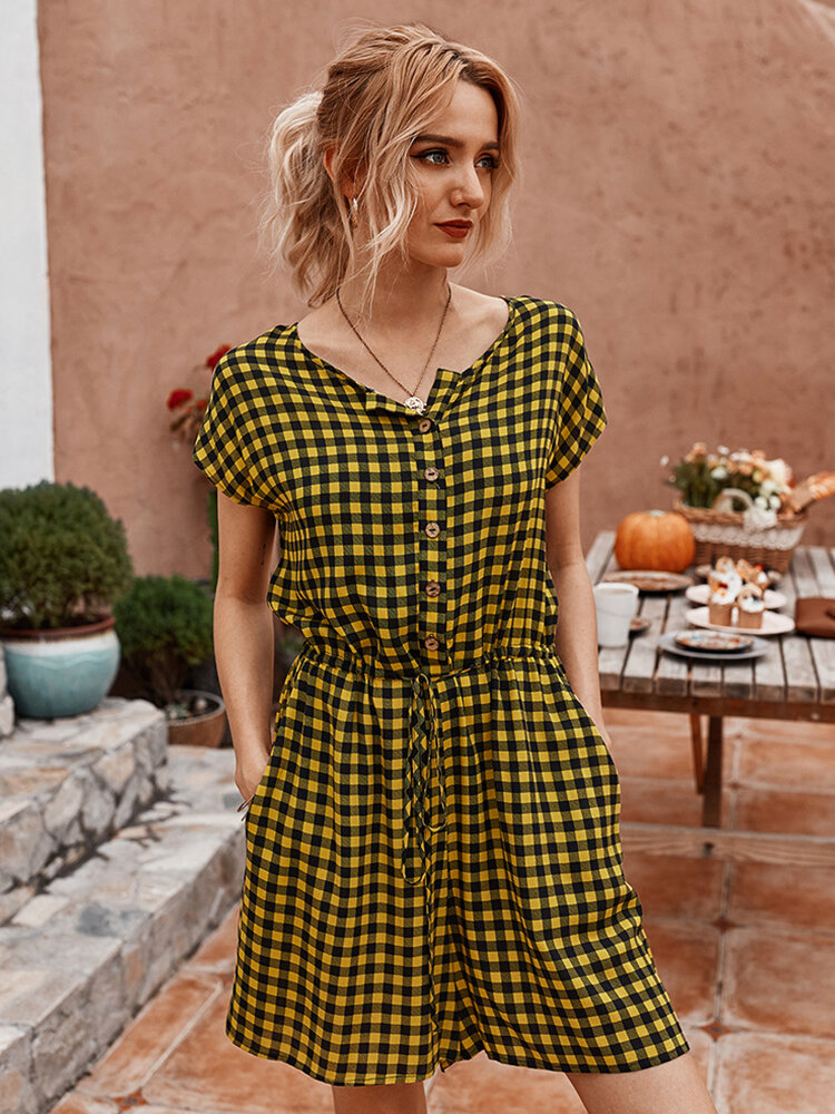 Plaid Print Short Sleeves O-neck Button Causal Jumpsuit For Women