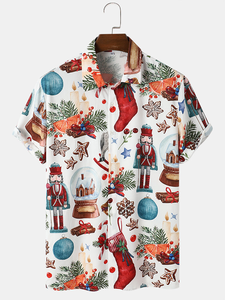 Mens Christmas Colorful Mixed Pattern Lapel Collar Holiday Short Sleeve Shirts