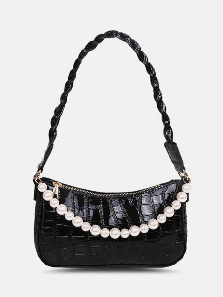 Stylish Croc Embossed Pearls Decor Exquisite Hardware Waterproof Underarm Bag Shoulder Bag