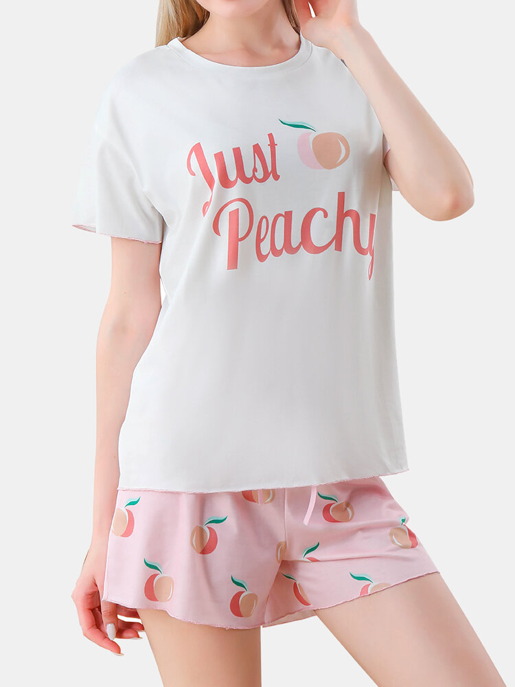 

Women Letter Peach Print Round Neck Short Sleeve Bowknot Shorts Set Pajamas, White