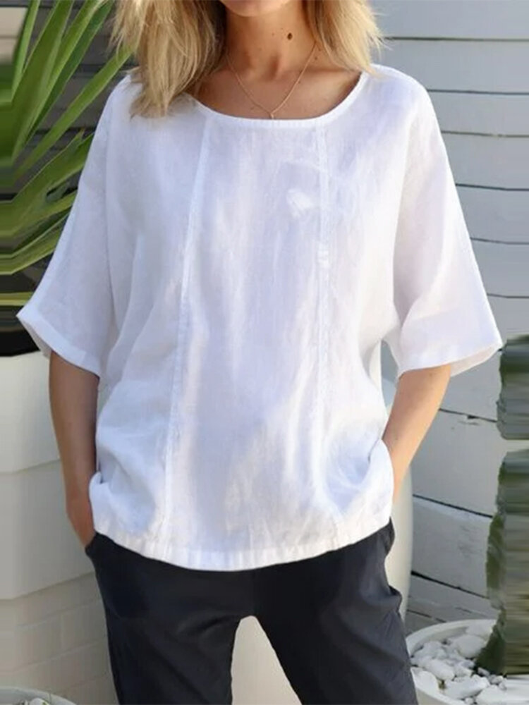 Damen-Bluse mit Rundhalsausschnitt und 3/4-Ärmeln aus Baumwolle mit einfarbigen Nahtdetails