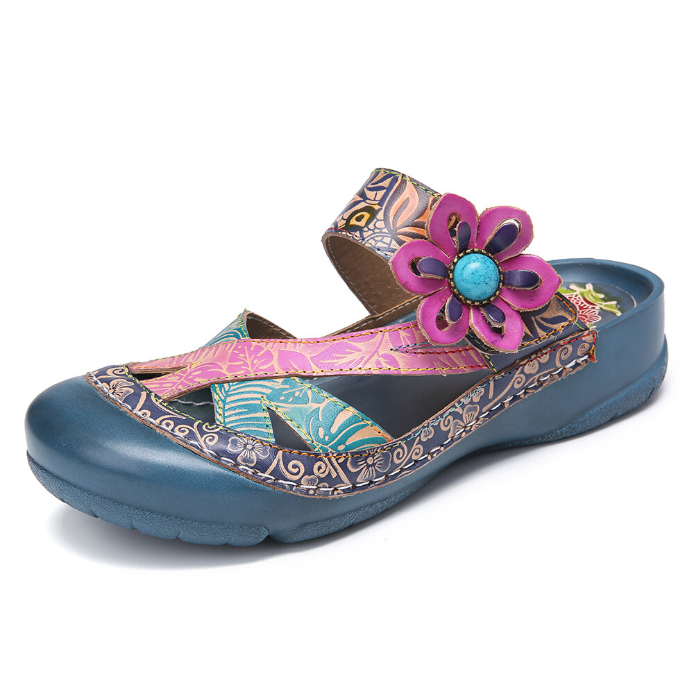 Handmade Leather Beaded Floral Adjustable Strap Slip-on Mules Flat Slides Sandals