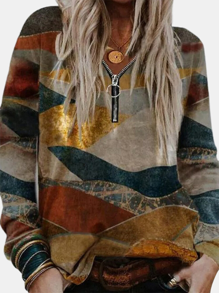 Landscape Printed Long Sleeve V-neck Zip Front Sweatshirt For Women