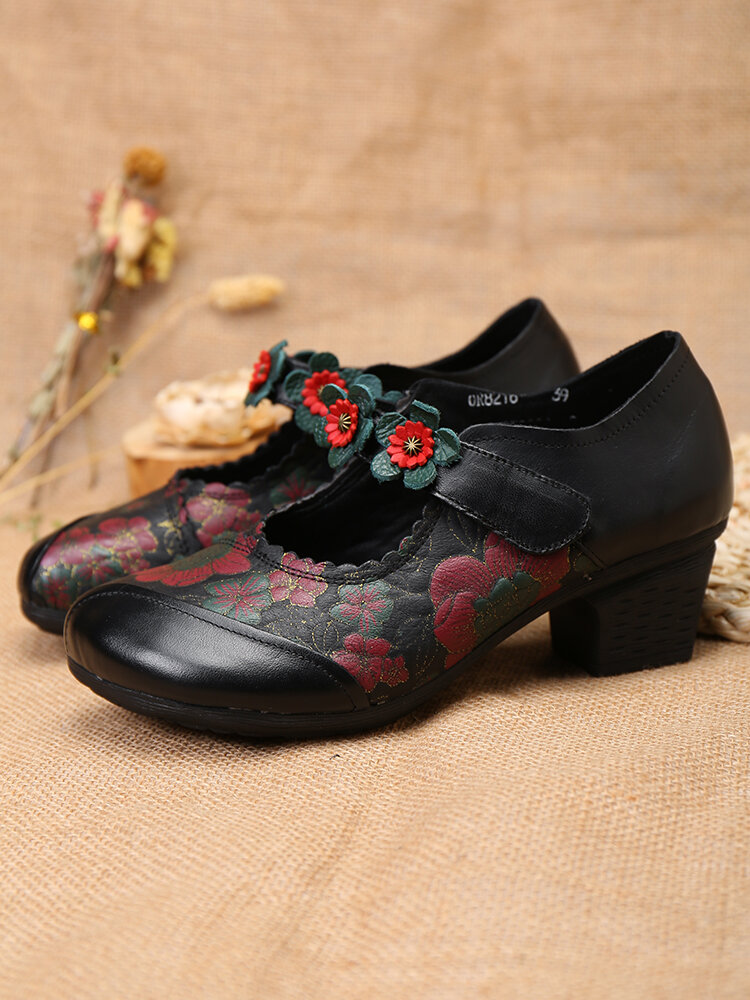 SOCOFY Retro Flowers Printed Leather Handmade Hook Loop Casual Chunky Heels