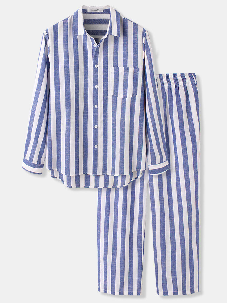 

Men Stripe Lapel Collar Co-ords Long Sleeve Shirt&Drawstring Pants Loungewear, Blue