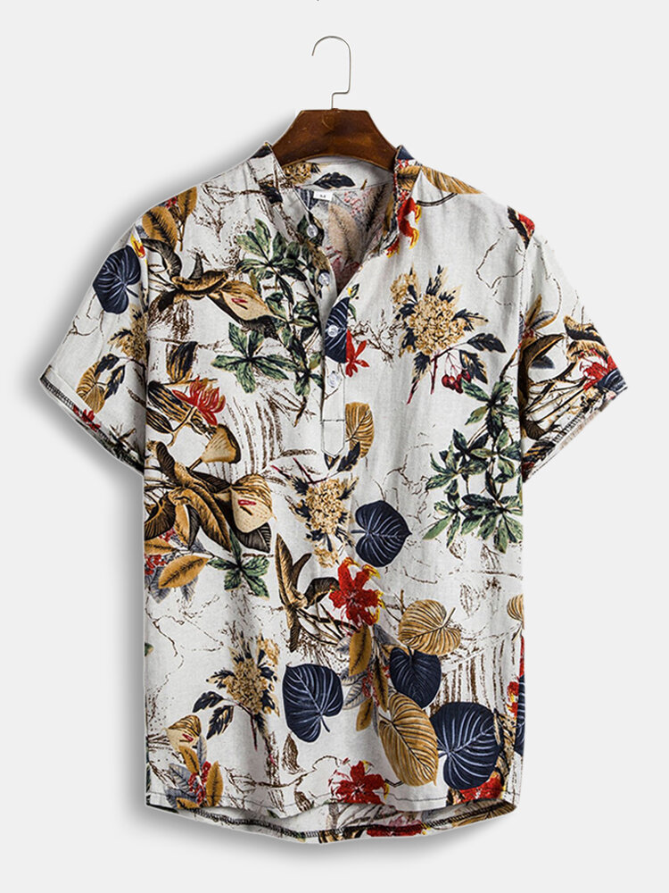 Mens Cotton Tropical Plants Print Short Sleeve Henley Shirt