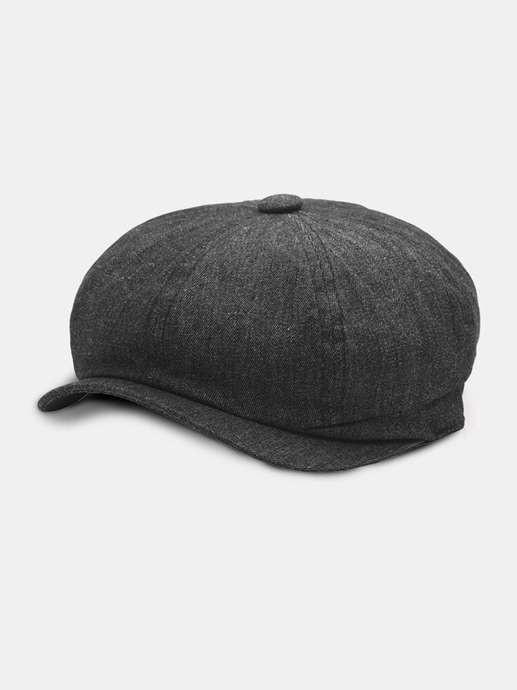 Men Denim Solid Color Casual Retro Octagonal Hat Beret Flat Hat