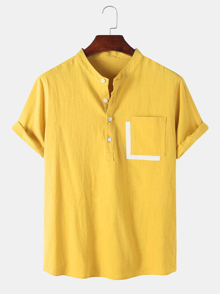 Mens Designer Pocket Solid Color 100% Cotton Casual Breathable Henley Shirt