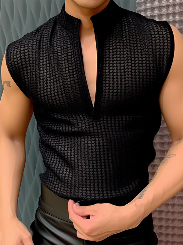 Camiseta sin mangas con cuello en V y malla transparente para hombre
