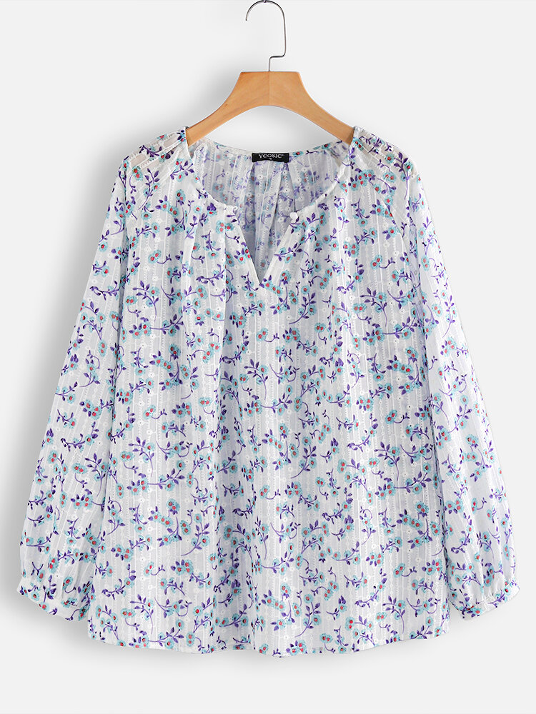 Casual Floral Print Embroidery Frog Button O-neck Blouse
