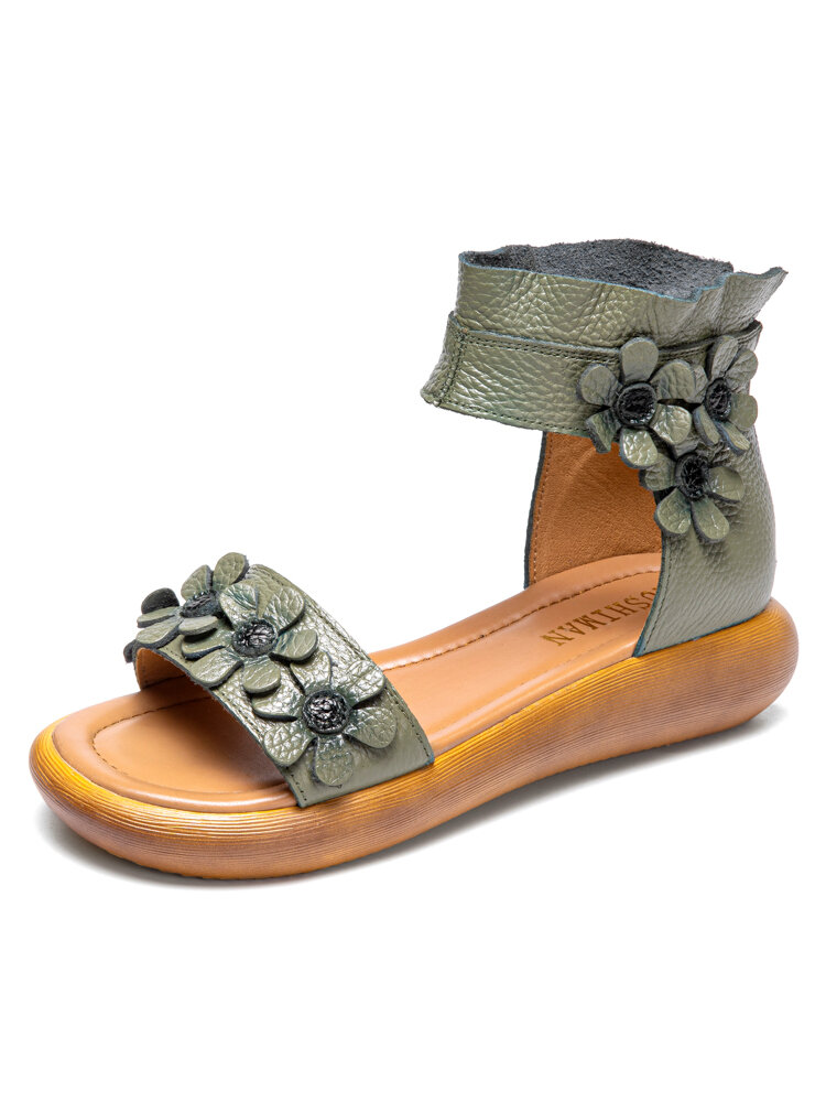 SOCOFY genuine leather floral round toe back zipper flat platform sandals for women