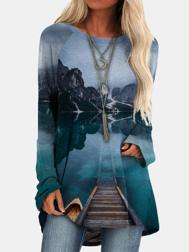 Landscape Print O-neck Casual Long T-shirt For Women