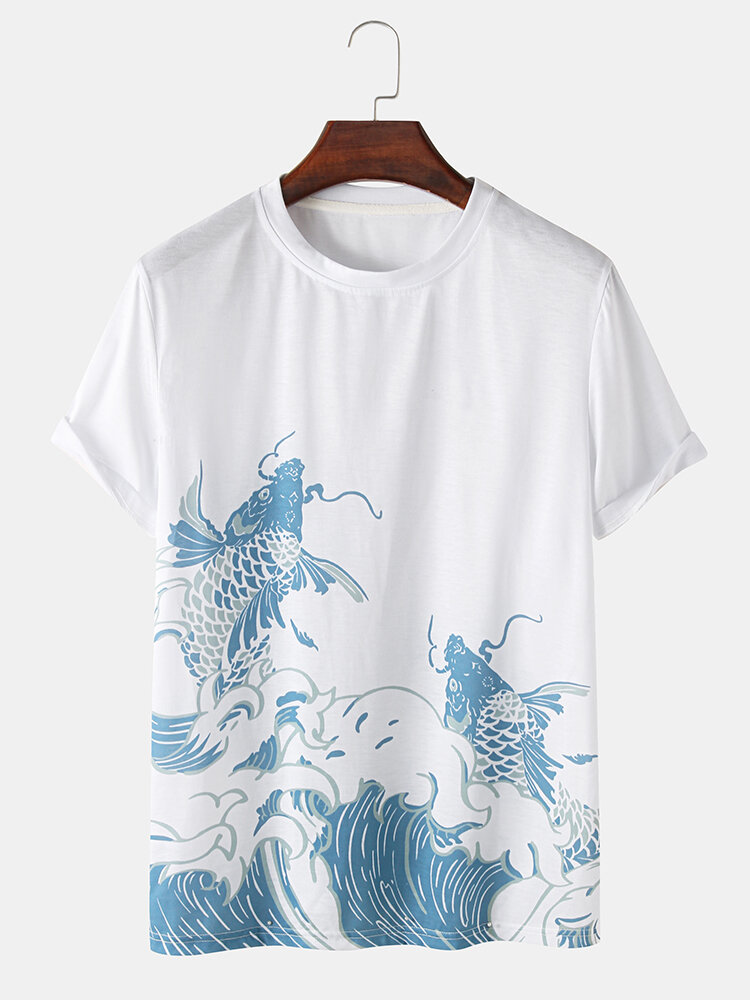 Mens Wave & Carp Print Japanese Style Short Sleeve T-Shirts