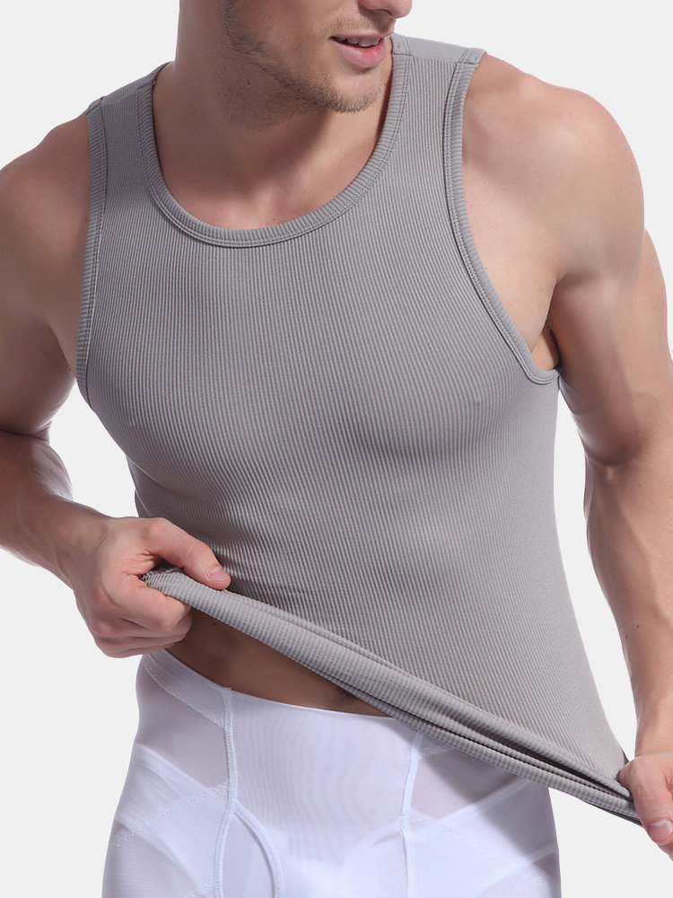 Mens Knit Breathable Vest Fitness Elastic Casual O-neck Tanks Solid Color Basic Thermal Undershirts