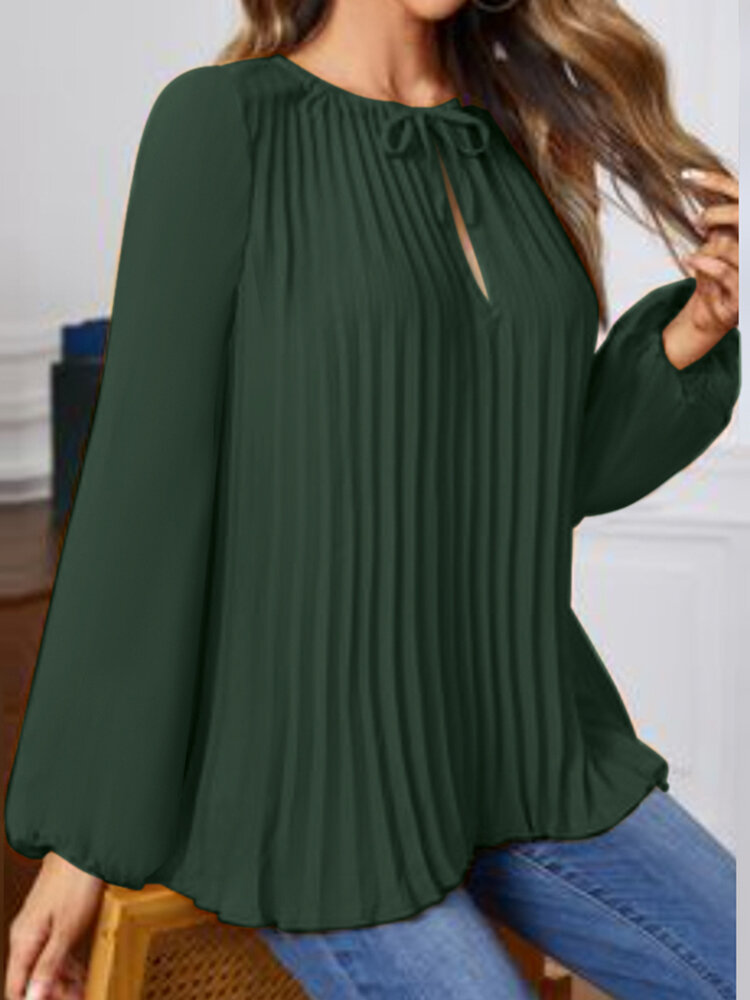 Blusa feminina sólida plissada com decote redondo casual manga comprida